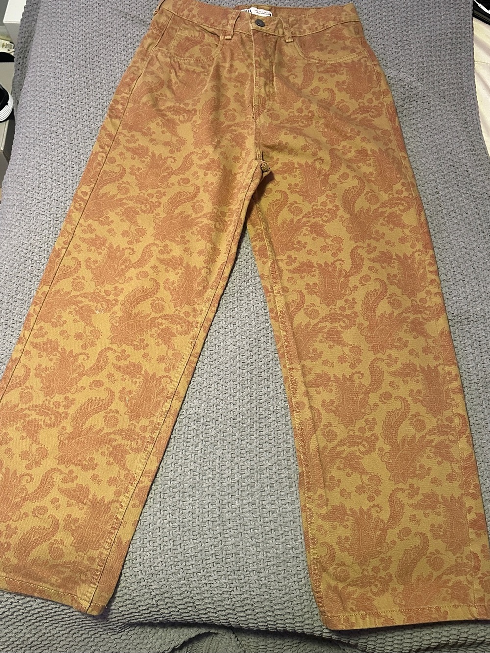 Zara Brown Paisley-Textured High-Rise Jeans
